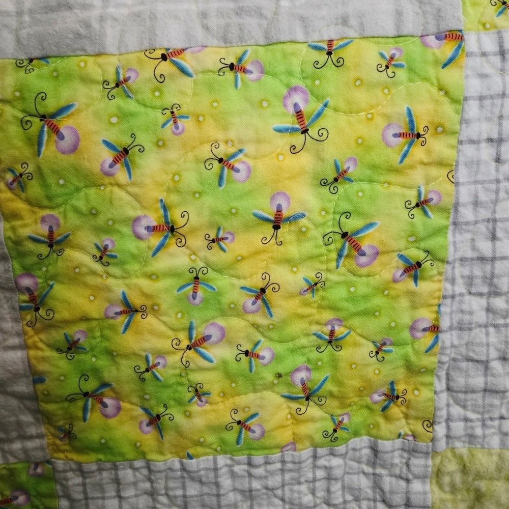 Handmade‎ Patchwork Baby Quilt Fireflies & Elephants Green Yellow Nursery Decor